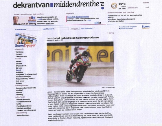 Статья в голландской газете про успех российского пилота Владимира Леонова на этапе Чемпионата Мира в Ассене